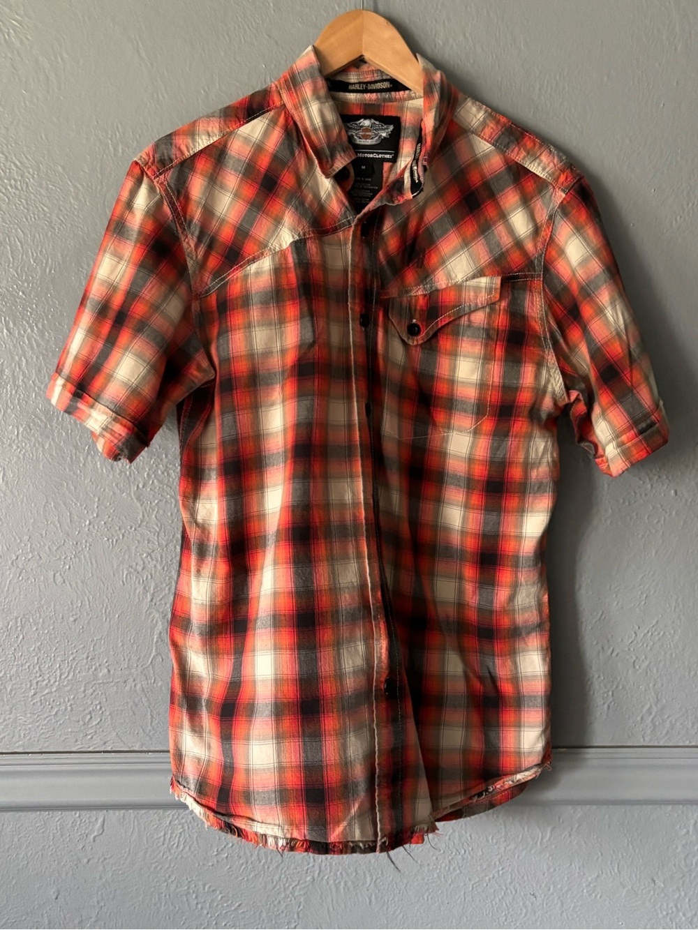Harley-Davidson Plaid Western Button-Up Shirt Raw Hem Cotton M